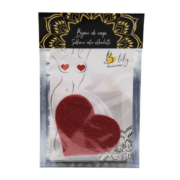 Paire de cache tétons adhésifs coeur pailleté rouge 